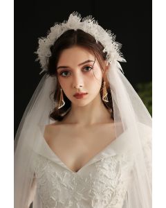 Lace Flower Crown Veil with Tulle for Bridal Events