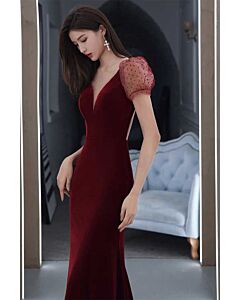Burgundy Velvet V-Neck Puff Sleeve Gown – Perfect for Weddings and Evening Soirees