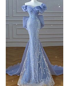 Elegant Off-Shoulder Blue Sequined Mermaid Gown with Dramatic Ruffles – Perfect for Galas and Formal Events