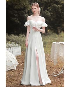 Romantic Ivory Off-Shoulder Gown – Elegant Satin Dress with Button Detailing and Side Slit