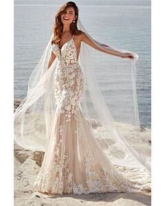 Lace-Embellished Mermaid Gown with Long Train for Beach Weddings