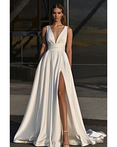 Deep V-Neck Satin Ball Gown with High Slit and Long Train for Formal Events
