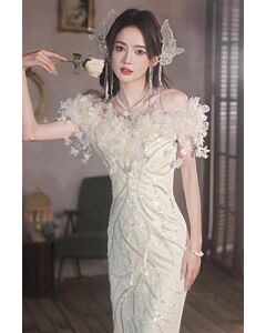 Ethereal Floral Embellished Evening Gown with Sequin Elegance and Sheer Detail