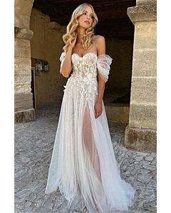 Off-the-Shoulder Lace and Tulle Gown with Long Train for Formal Events