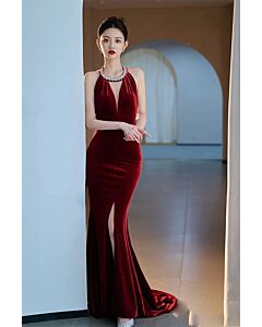 Burgundy Velvet Halter Neck Gown with High Slit – Perfect for Formal Galas and Red Carpet Events
