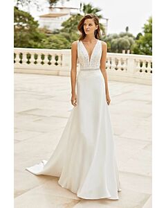 Deep V-Neck Lace Bodice A-Line Gown with Long Train for Formal Events