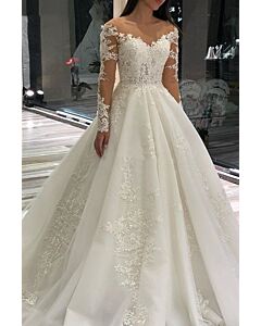 Lace Illusion Long Ball Gown with Long Train for Formal Events