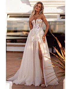Strapless Lace Bodice Tulle Gown with High Slit and Long Train for Formal Events