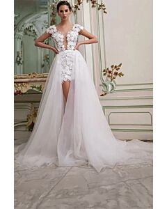 Lace V-Neck Short Dress with Detachable Long Train for Formal Events