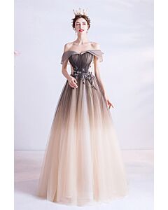 Ombre Off-Shoulder Princess Gown with Floral Embellishments – Elegant for Formal Events