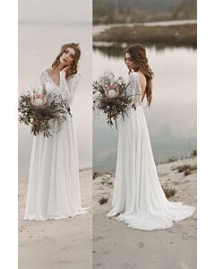 Lace Long-Sleeve V-Neck Gown with Flowy Skirt for Beach Weddings