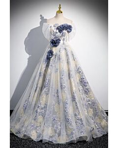 Enchanting Off-Shoulder Floral Ball Gown with Layered Tulle and Embroidered Details for Formal Events