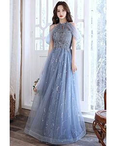 Midnight Starlight Gown – Cape Sleeve & Glitter Tulle