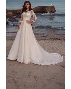 Lace Illusion Neckline Long-Sleeve Ball Gown with Long Train for Formal Events