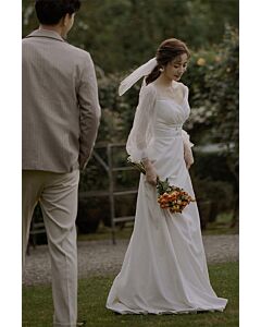 Elegant Ivory Bridal Gown – Romantic Off-Shoulder Dress with Sheer Sleeves for Wedding Ceremonies