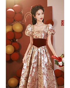 Elegant Floral Jacquard Gown with Velvet Belt – Perfect for Weddings and Formal Occasions