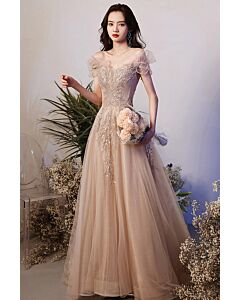 Champagne Embroidered Off-the-Shoulder Tulle Ball Gown – Perfect for Weddings and Formal Galas