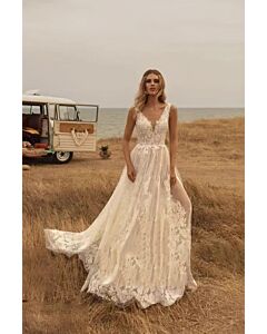 Lace V-Neck A-Line Gown with Long Train for Beach Weddings