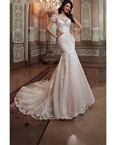 Lace Illusion Neckline Mermaid Gown with Long Train for Evening Events