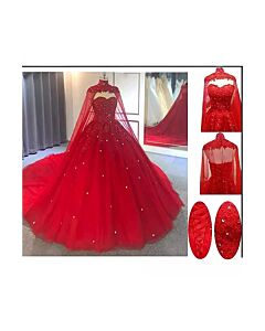 High-Neck Beaded Ball Gown with Long Train for Evening Events