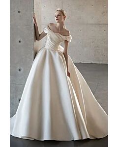 Timeless Off-Shoulder Satin Ball Gown with Graceful Draping and Elegant Full Skirt
