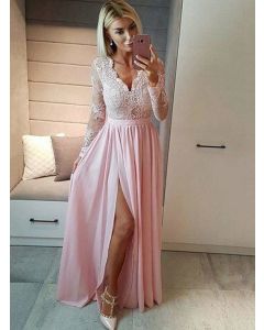 Blush Petal – Pink Lace Chiffon Prom Dress with Thigh-High Slit