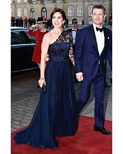 Princess Mary Navy Blue One-Sleeve Lace Chiffon Formal Evening Celebrity Dress