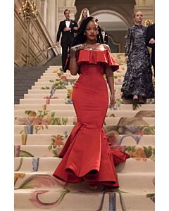 Scarlet Heist – Ocean’s 8–Inspired Red Off-the-Shoulder Ruffle Mermaid Gown