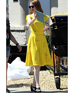 Golden Harmony – La La Land–Inspired Yellow Floral Cap-Sleeve A-Line Dress