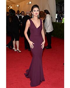 Garnet Grace – Met Gala 2014–Inspired Burgundy Ruffle-Trimmed V-Neck Mermaid Gown