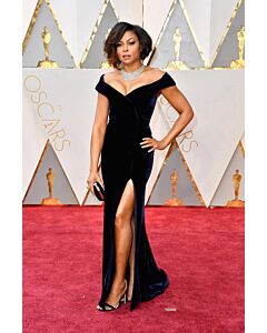 Midnight Velvet – Taraji P. Henson Navy Off-the-Shoulder Velvet Gown with Thigh-High Slit