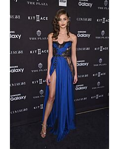 Taylor Hill Blue and Black Lace Strapless Celebrity Formal Prom Dress with Slit