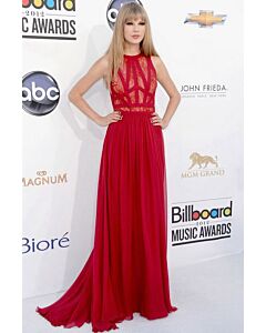 Crimson Cadence – Billboard Music Awards 2012–Inspired Red Lace Paneled Chiffon High-Neck A-Line Gown