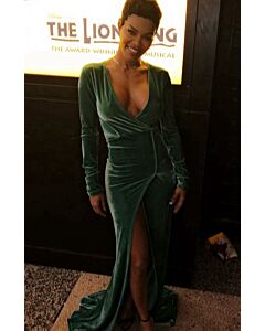 Teyana Taylor Inspired Green Velvet Long-sleeve V-neck Celebrity Dress with Slit