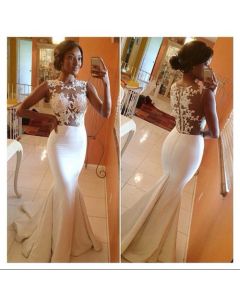 White Mermaid Lace Top Formal Prom Wedding Dress Bridal Gown