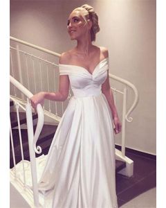 White Satin Off-the-shoulder Long Formal Prom Wedding Dress Bridal Gown