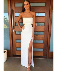 Pure Allure – White Strapless Cut-Out Formal Gown with Thigh-High Slit