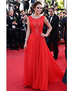 Scarlet Lace Reverie – Cannes 2013–Inspired Red Illusion Lace Bodice Chiffon A-Line Gown
