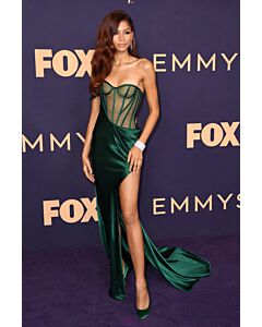 Zendaya Green Satin Strapless Corset Sheath Dress with High Slit Emmys 2019