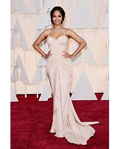 Blush Rhapsody – Oscars 2015–Inspired Blush Satin Draped Spaghetti-Strap Mermaid Gown