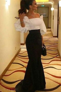 Off-Shoulder Puff Sleeve Black & White Mermaid Gown
