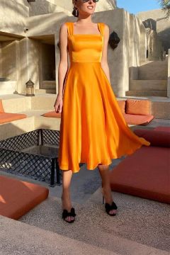 Bright Orange Satin Midi Dress with Square Neckline for Chic Day-to-Night Style