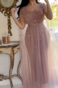 Beaded Tulle Overlay Maxi Dress