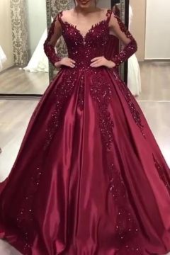Burgundy Long Sleeve Embellished Ball Gown