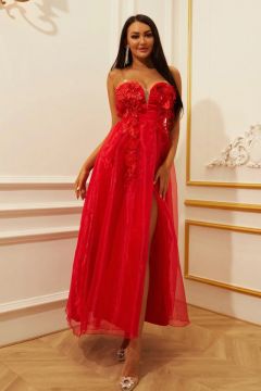 Red Floral Appliqué Strapless Maxi Dress
