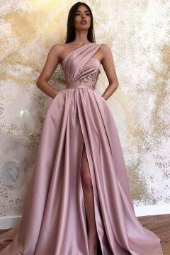 Mauve One-Shoulder Pleated Evening Gown