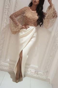 Pearl-Embellished Sheer Top with High-Slit Satin Skirt