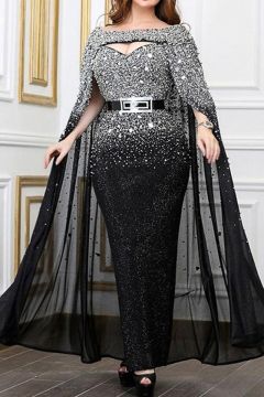 Silver Embellished Capelet Evening Gown