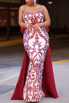 Burgundy Strapless Embroidered Mermaid Evening Gown
