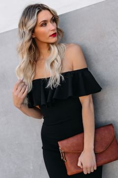 Black Ruffle Off-The-Shoulder Midi Dress